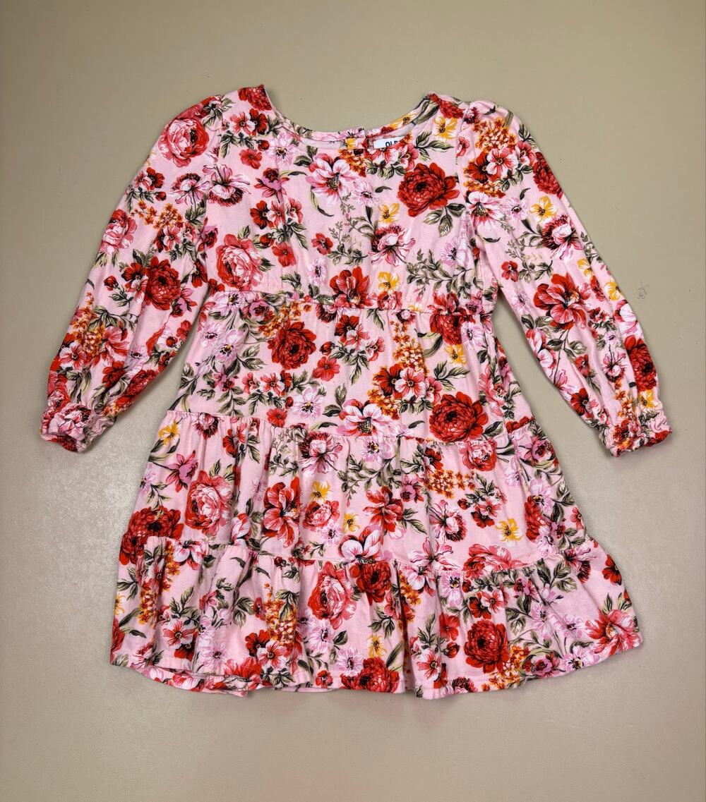 Old Navy Girls 4T Pink Floral Tiered Long Sleeve Dress Cottagecore EUC